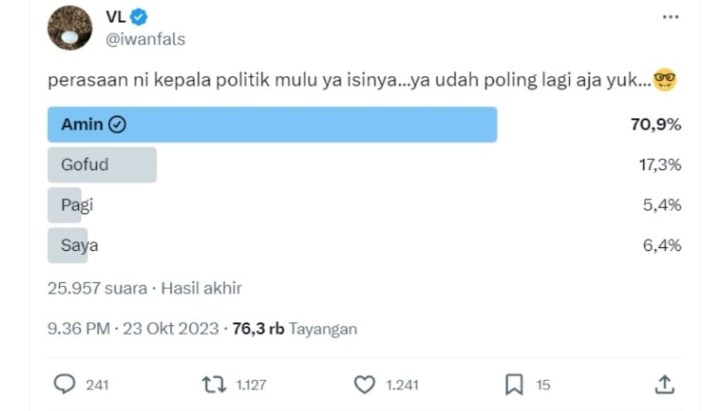 AMIN Menang dengan Perolehan Suara 70,9 Persen dalam Voting Capres yang Dilakukan oleh Iwan Fals